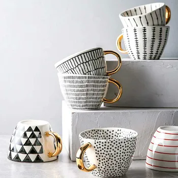 

Creative Irregular Ceramic Coffee Mug With Gold Handgrip Handmade Big Pottery Tea Cup Travel Kitchen Tableware Nordic Home Decor