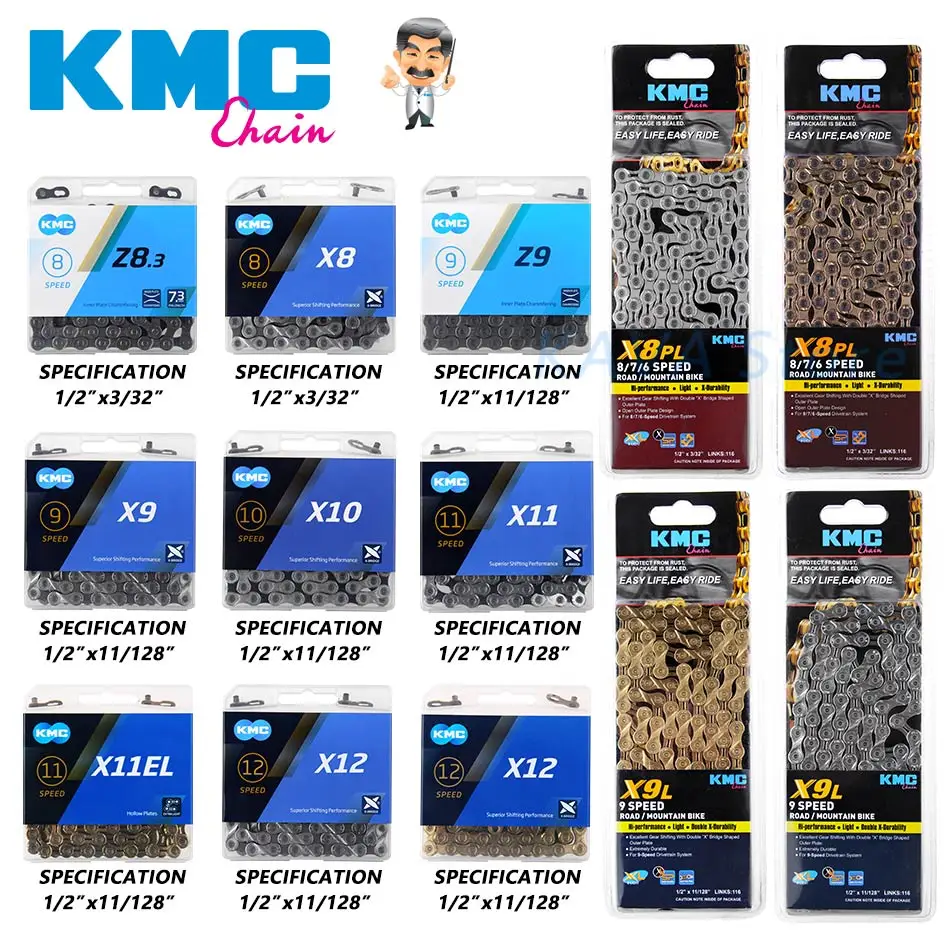 Велосипедная цепь KMC Z6/X8/X9/X10/X11/X12 цепи для горного велосипеда 6/7/8/9/10/11/12 коленчатый