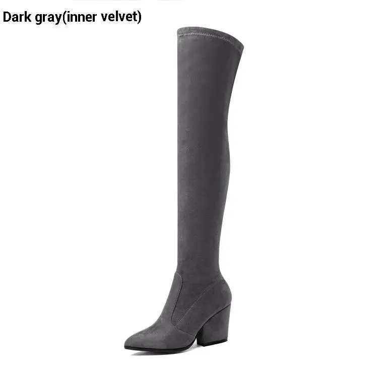 Dark gray(velvet) CDAXILAN/Новое поступление, Сапоги выше колена женские сапоги до бедра из искусственной замши женские зимние сапоги на высоком каблуке 8 см - Цвет: Dark gray(velvet)