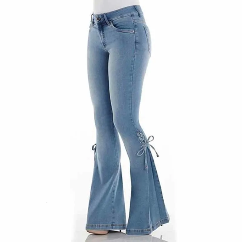 

Sexy High Waist Flare Jeans Mid Retro Blue Bell Bottom Skinny Jeans Fashion Women Stretching Lace Up Denim Trousers