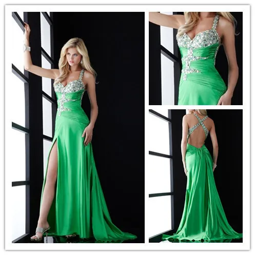 

MANSA 2014 Green Crystal Beaded Evening Dresses Sexy Backless A Line Chiffon Evening Dress With Straps Vestidos De Fiesta