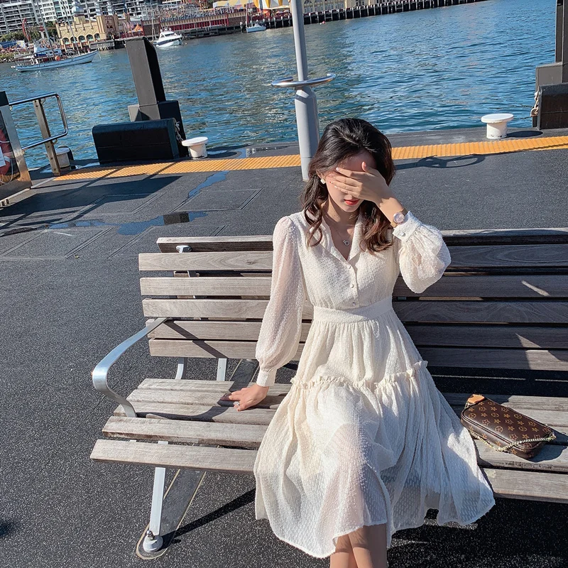 Korean Style Puff Sleeve Elegant Dress