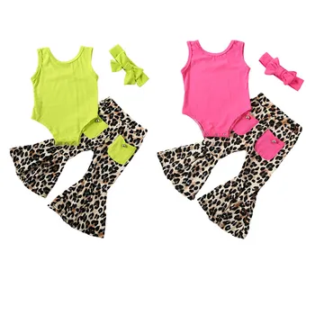 

3PCS Newborn Baby Girl Sumemr Clothes Fluorescent Green Red Rompers Leopard Print Flare Pants Headwear Children Outfit Set 0-24M