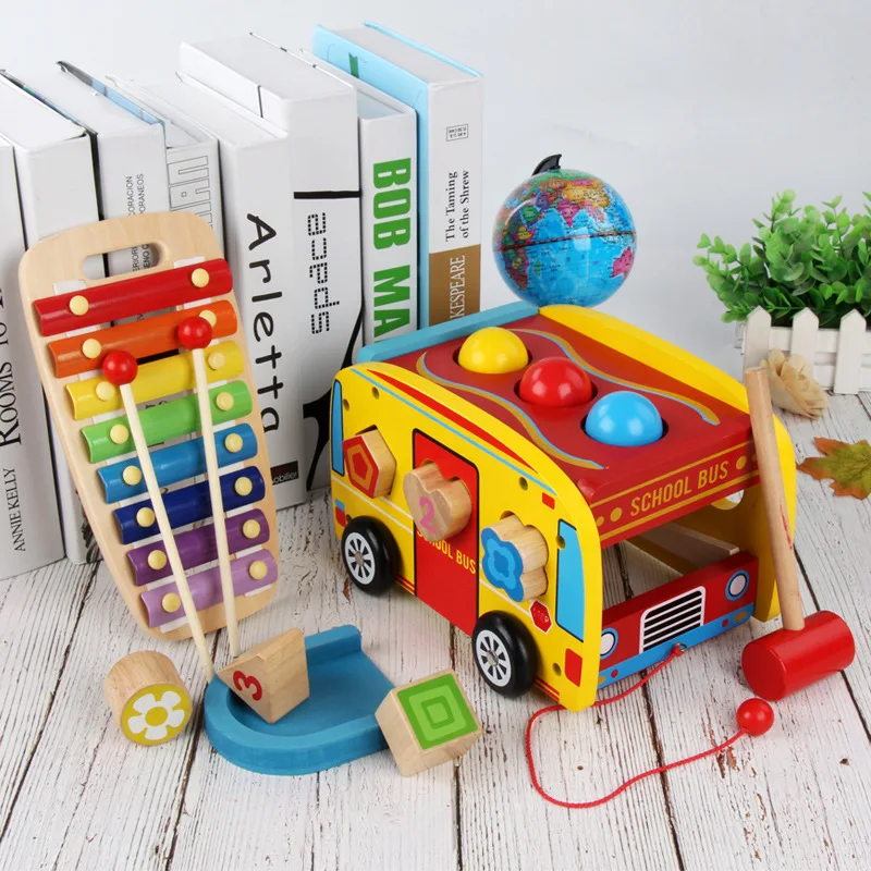 

School Bus Drag to Pound Taiwan Children Wooden Drag School Bus Knock the Ball Music Box Shape Matching Building Blocks Toy