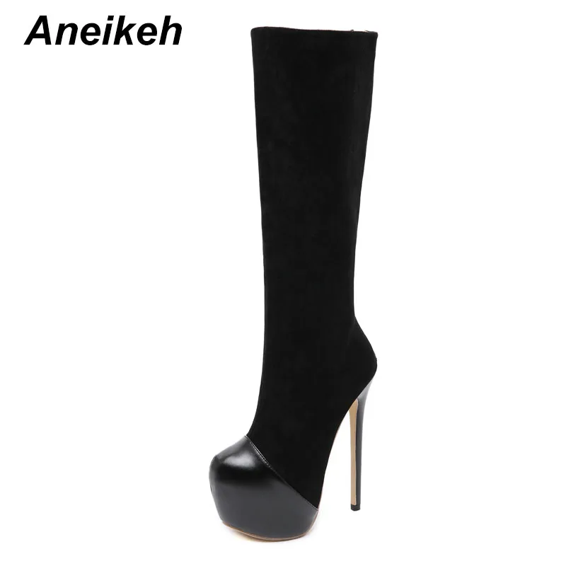 Black Aneikeh г.; модные женские сапоги до колена на платформе; обувь на высоком каблуке; пикантные сапоги из эластичной ткани на молнии с круглым носком; однотонные вечерние сапоги для офиса - Цвет: Black