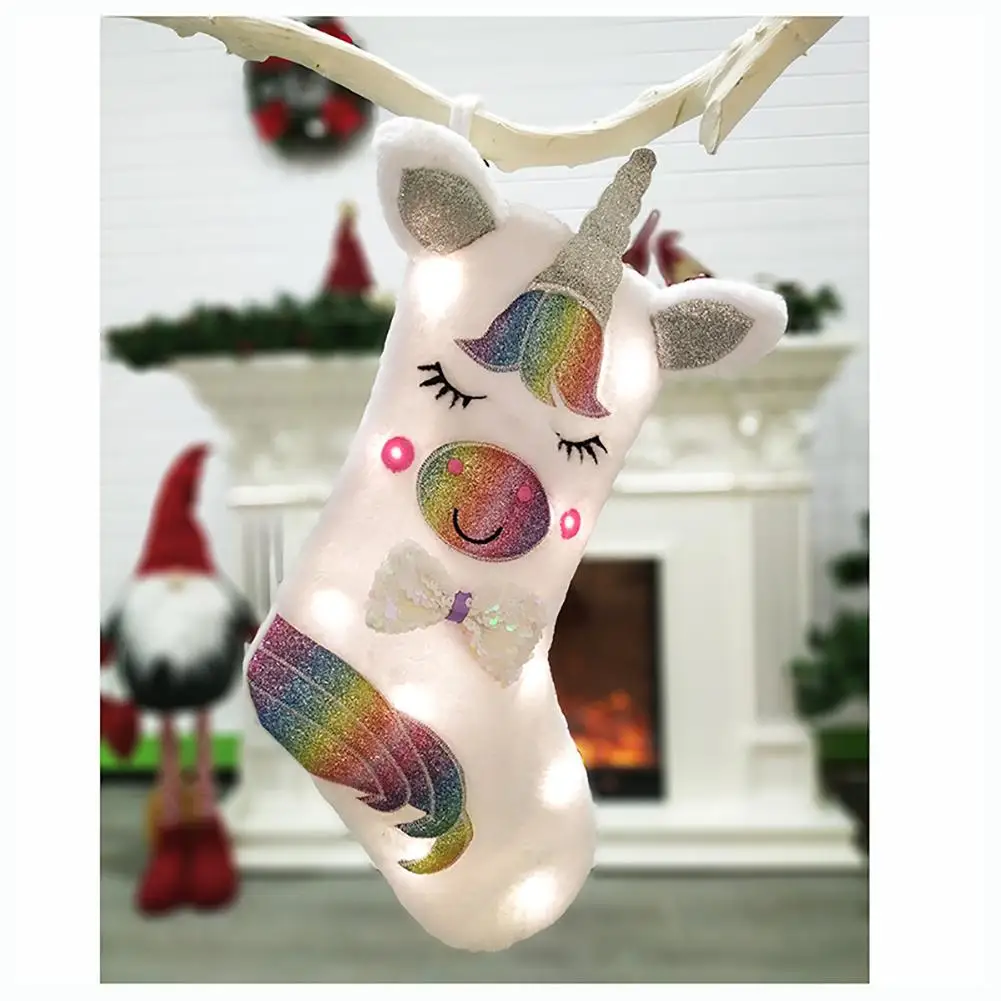 

HiMISS New Cute Unicorn Socks Large Size Christmas Stocking Candy Bag for Home Party Xmas Tree Decor Candy Socks Light Gifts