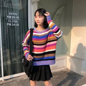 

Lychee Harajuku Rainbow Stripe Women Sweater Slim Spring Autumn Lady Sweaters Tops Color Block Casual O-neck Female Pullovers