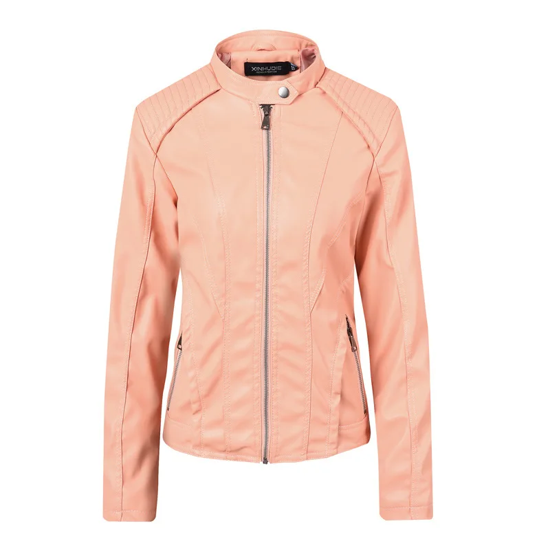 YQZ1876pink Новая модная Осенняя Женская куртка из искусственной кожи Повседневные базовые пальто на молнии с длинными рукавами Мотоциклетные Куртки из искусственной кожи - Цвет: YQZ1876pink