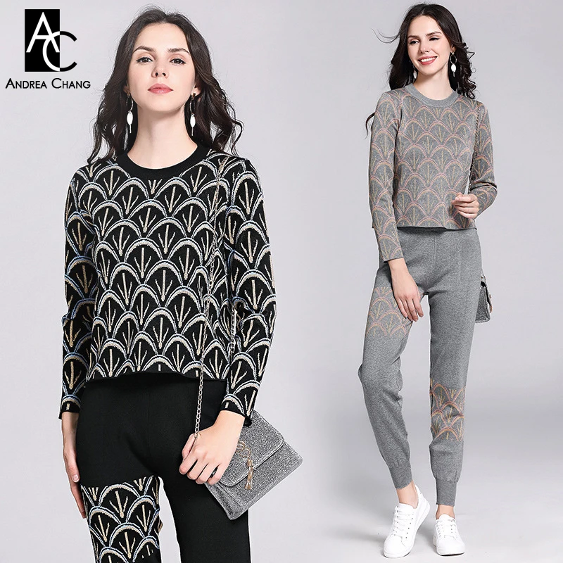 

ONE SIZE autumn winter woman clothing set fish scale pattern sweater + pants fashion casual elastic knitted two-piece suit set