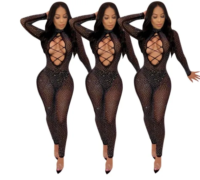 Cultiseed Women Sexy Hot Drilling Slim Hip Jumpsuits Rompers Female Fashion Hollow Out Bandage Mesh Jumpsuits Ladies Jumpsuits