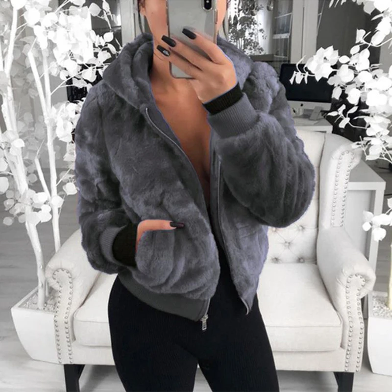 Faux Fur Coat Women With Hood New Oversize Coats High Waist Female Slim Fit Overcoat Tops Winter Warm Plush Jackets Outwear - Цвет: Темно-серый