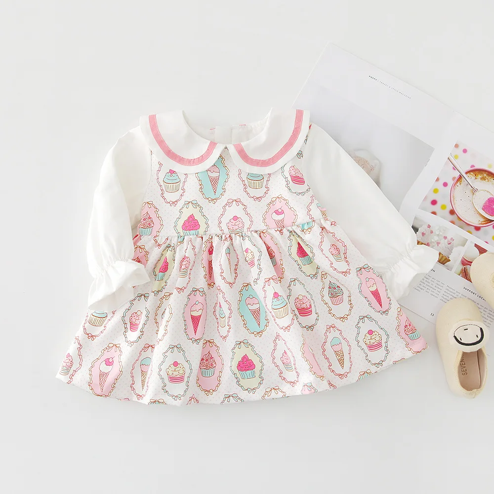 Испанское Хлопковое платье для маленьких девочек; повседневное осеннее платье с рисунком мороженого для малышей; милое платье принцессы с помпонами; Кекс