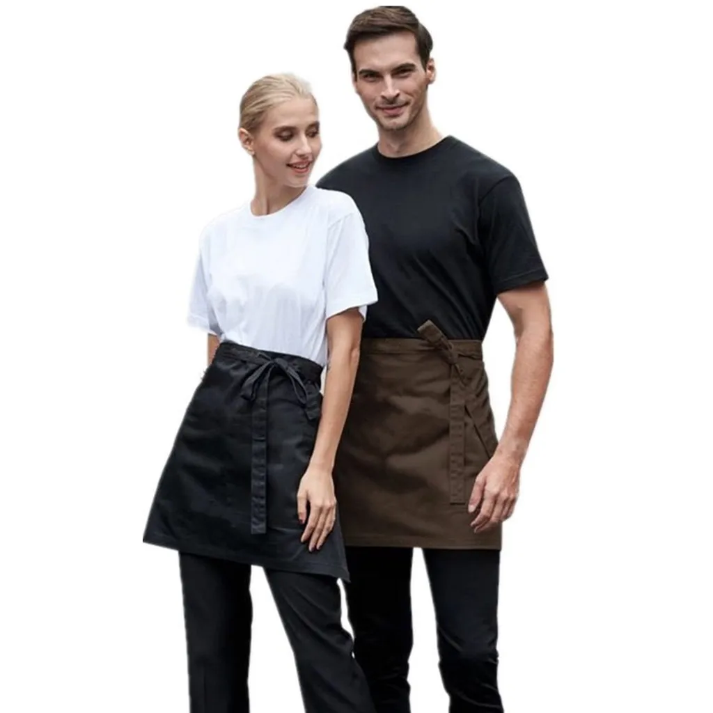 2 Pockets Waist Black Women Apron Waitresses Aprons Kitchen Half Apron New 2020 Brown Baking Waiter Apron Женский фартук #D