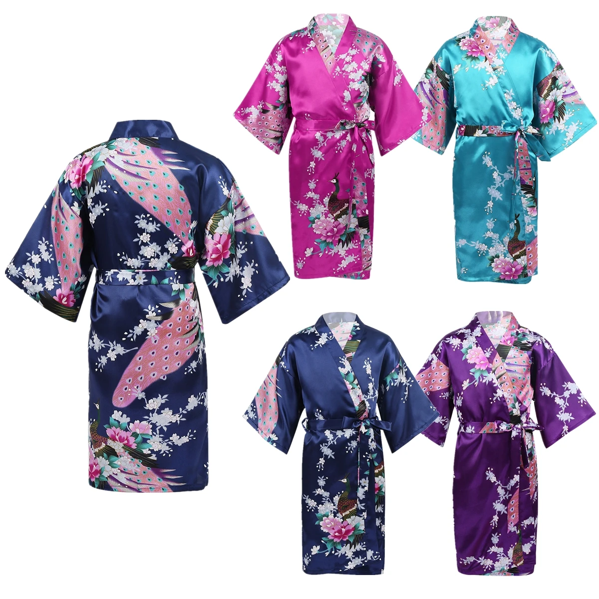 Kids Girls Satin Floral Kimono Robe Flower Girls Wedding Bridesmaids Sleepover Nightgown Children Birthday Party Spa Bathrobe child bathrobe kids robe