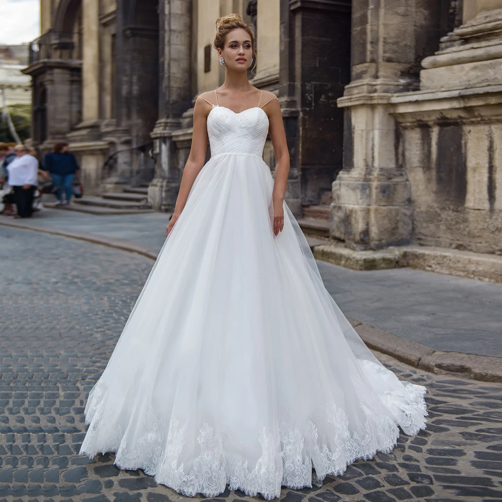 

Eleggant Cap Sleeve Wedding Dresses Sweetheart Pleats Lace Applique A-line Tulle Bridal Gown Customized Plus SIze