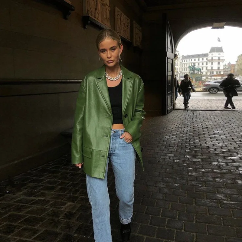 

High Quality New Designer Green Leather Jacket Women Single Breasted Turn Down Collar Coat Female Fashion Slim Long Leather Coat