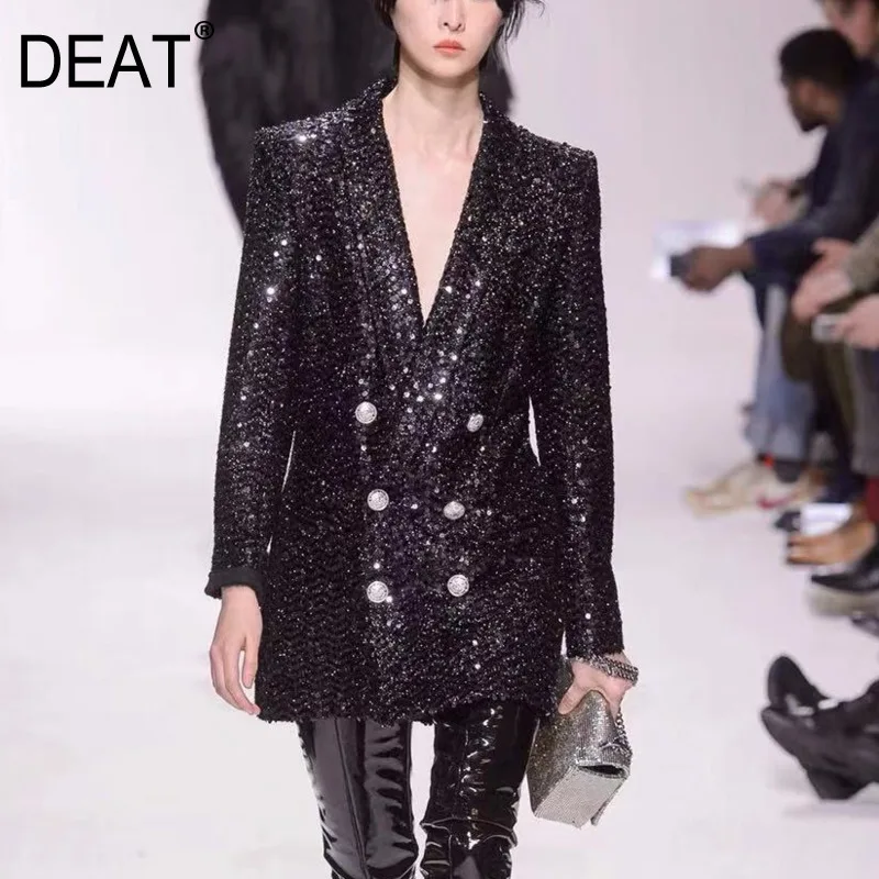 

DEAT 2020 new spring notched double metal buttons high waist woolen thickness jacket female blazer WK26901XL