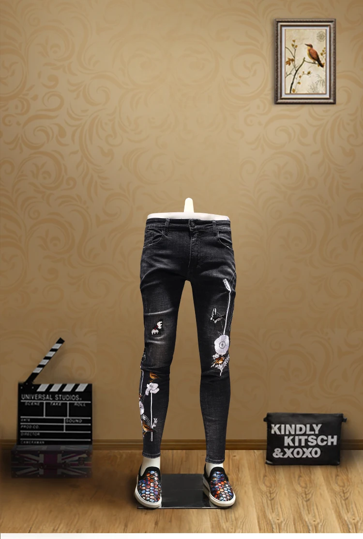 New Arrivals Denim Skinny Jeans Embroidery Flowers Men New Autumn Winter Clothing Cotton Slim Pencil Pants