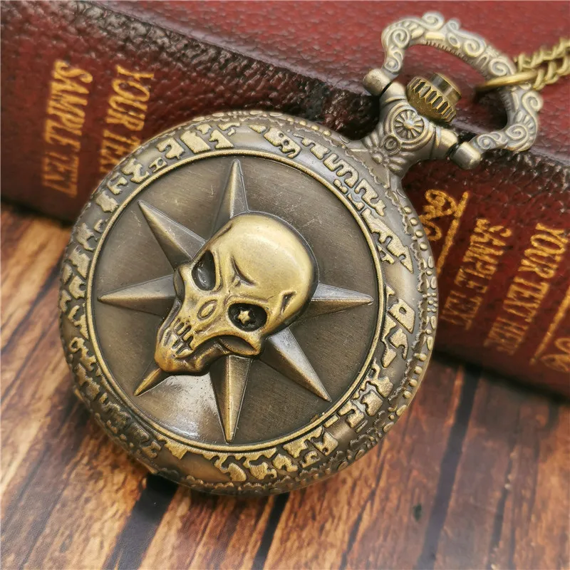 New Arrvial Vintage Bronze Quartz Pocket Watches Engraved Skull Chain Clock for Men Women Pendant Necklace Best Gifts CF1282 | Наручные