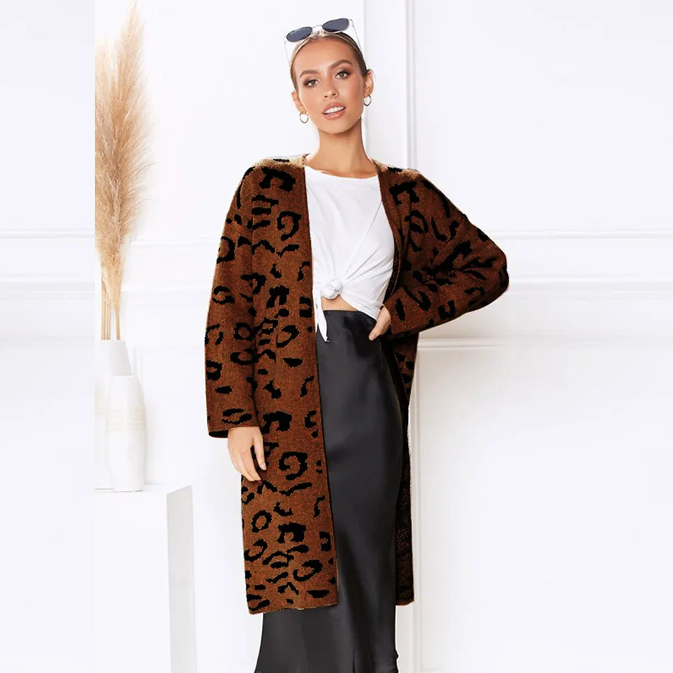 Fashion Knitted Leopard Print Cardigan Women Long Mujer Oversized Overcoat Streetwear Autumn Blusas De Inverno Feminina |
