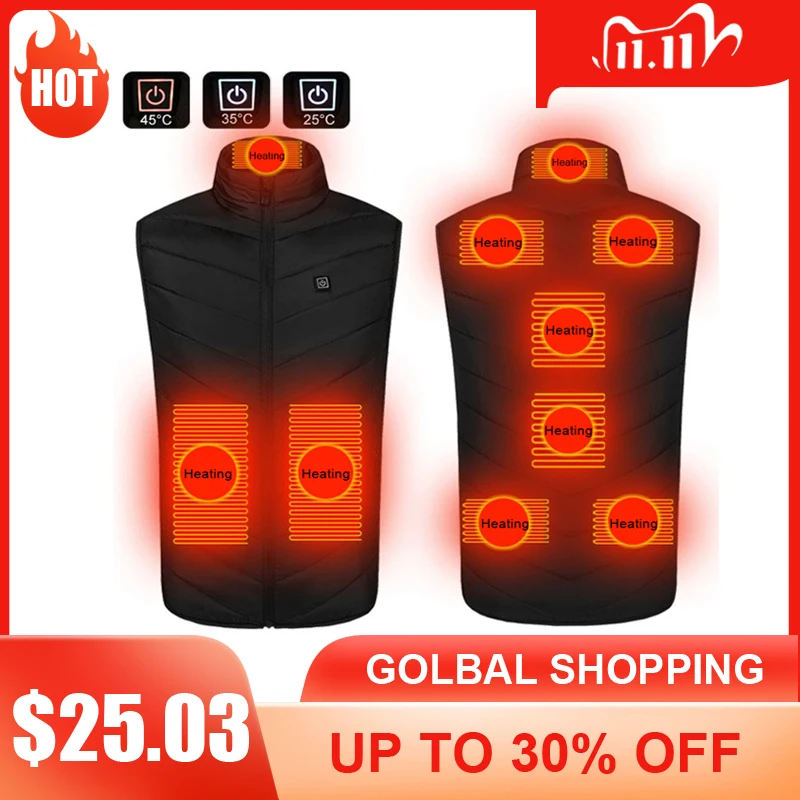 

9 Areas Heated Vest Jacket Men Winter USB Electrically Sleeveless Thermal Warm Waistcoat for Motor Riding Hunting Hiking ë°œì—´ì¡°ë¼
