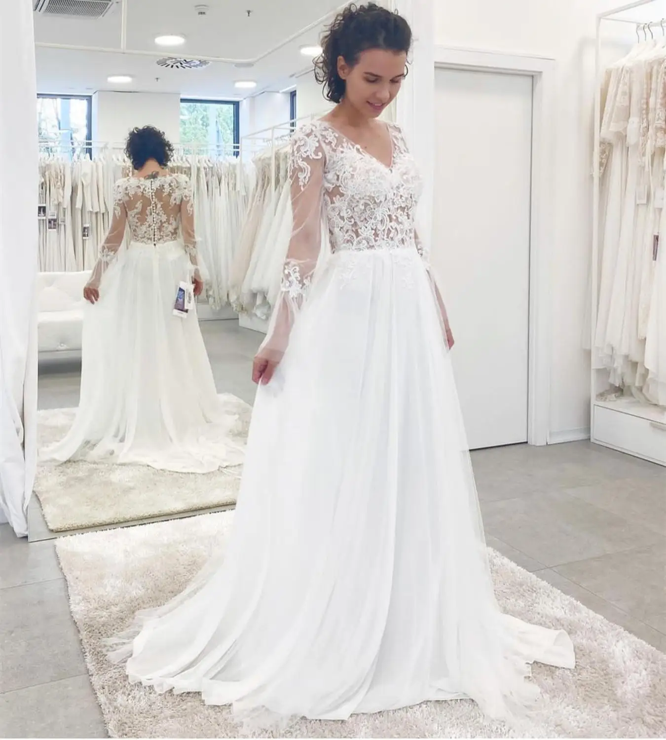 

2021 Wedding Dress Princess Long Sleeve A-Line Court Train Chiffon Simple Floor Length Robe De Mariee Elegant Zipper Button