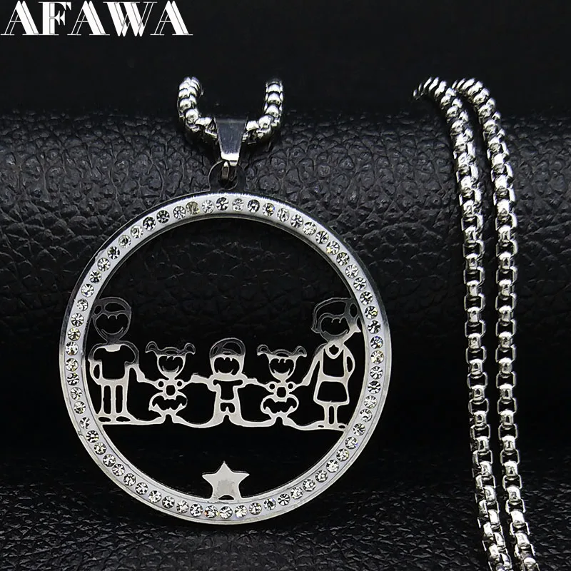 Модное семейное ожерелье для папы, мамы, дочки, мальчика из нержавеющей стали с кристаллами серебряного цвета, женское ювелирное ожерелье N19436