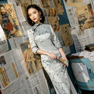 Sheng Coco современное длинное Qipao Chinois Qipao платье Чонсам с длинным рукавом осеннее повседневное шелковое платье-Чонсам банкетное вечернее платье женское - Цвет: Green long qipao