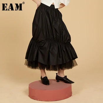 

[EAM] High Elastic Waist Black Pleated Mesh Split Temperament Half-body Skirt Women Fashion Tide New Spring Autumn 2020 1S985