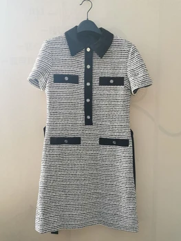 

2020 Early Spring Tweed Mini Dress For Women Turn Down Collar Plaid Color Patchwork Female Short Dresses With Buttons Casual