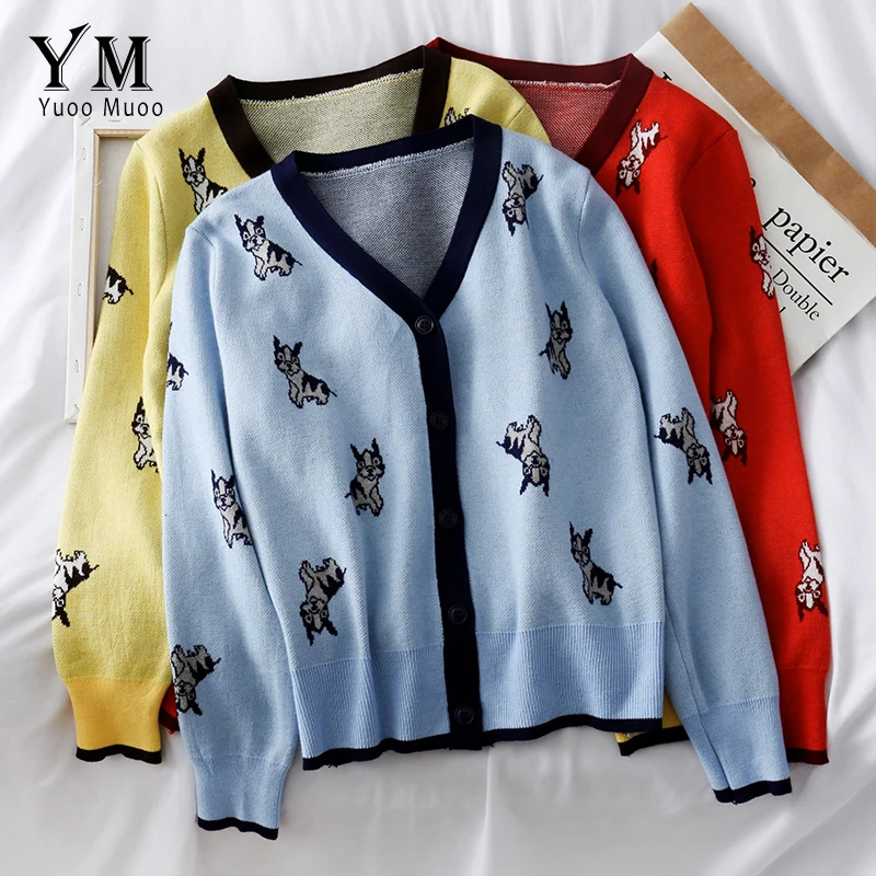 

YuooMuoo Ins Fashion Cute Dog Animal Knitted Sweater Cardigan Women 2019 Autumn Long Sleeve College Cardigan Tops Women Knitwear