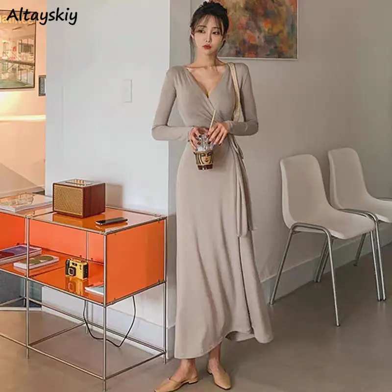 Dress Women Design Casual Harajuku V-Neck Ulzzang Solid Daily Minimalist Autumn New Arrival College Comfort Holiday Party Chic | Женская