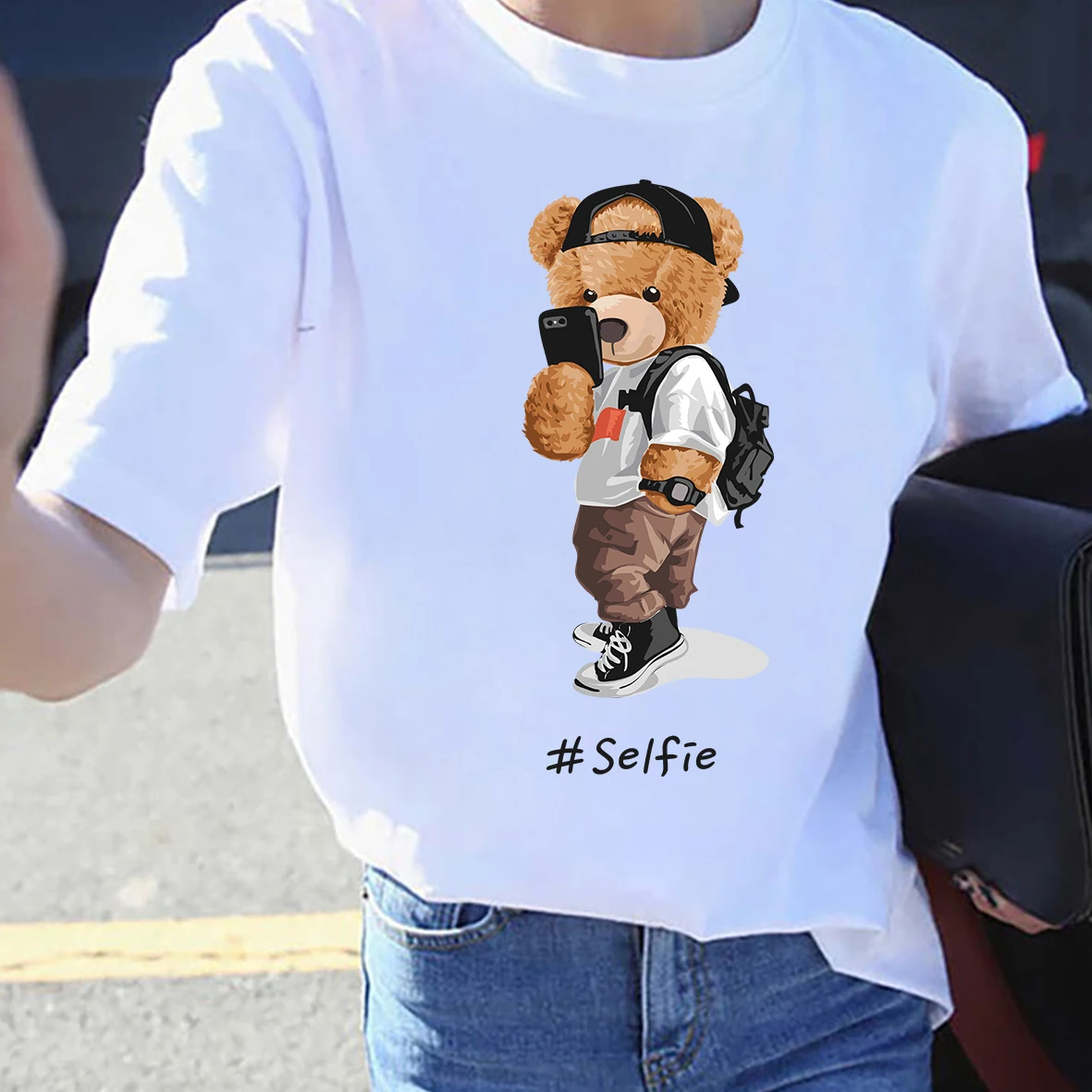 

BLINGPAW Graphic T Shirts Teddy Bear #Selfie Letter Print T-shirt Pure Cotton Unisex Tees Summer Tee Shirts 19 Colors