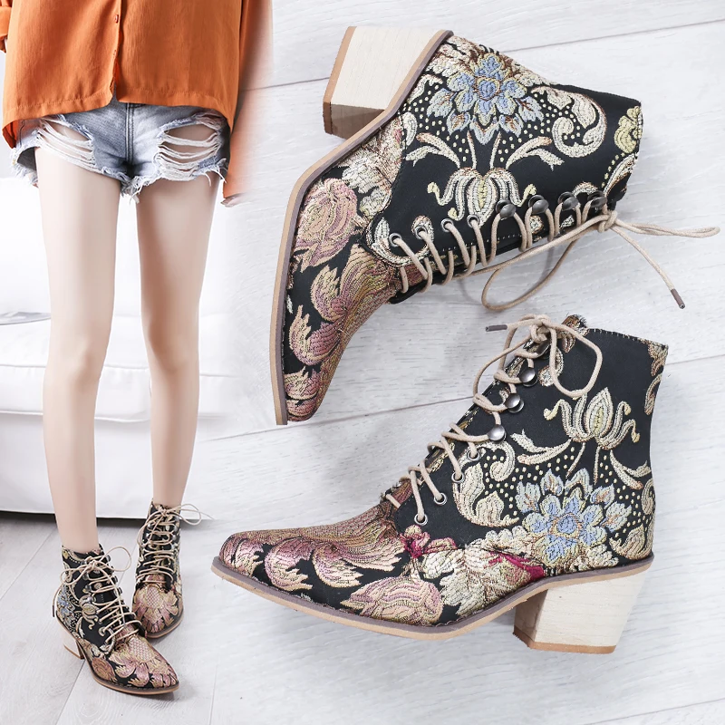 

PUIMENTIUA Elegant Retro Women Short Boots Embroidery Flower Print Lady Ankle Boots Female Chunky Botas Mujer 2019 Shoes Woman