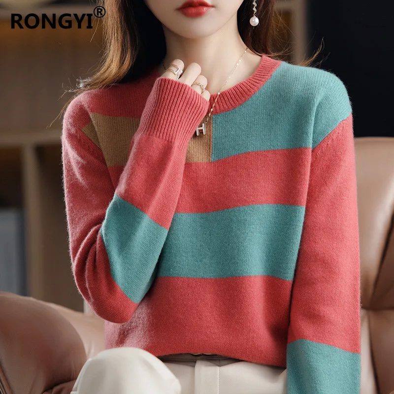 long cardigan RONGYI Spring Autumn New 100%Pure Wool Sweater Women V-Neck Striped Knit Large Size Pullovers Warm Button Cashmere Sweater Shirt christmas sweatshirt