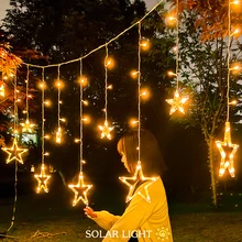 

Solar Powered LED Curtain Lights Stars Moons Twinkle String Lights Dimmable 8 Lighting Modes with Timer