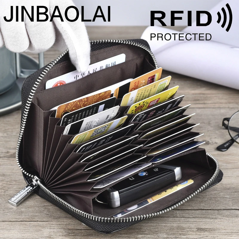 

JINBAOLAI Anti-magnetic Organ Real Leather Multi-card Package Zipper RFID Large Capacity Credit Bank Card Wallet Free Shipping
