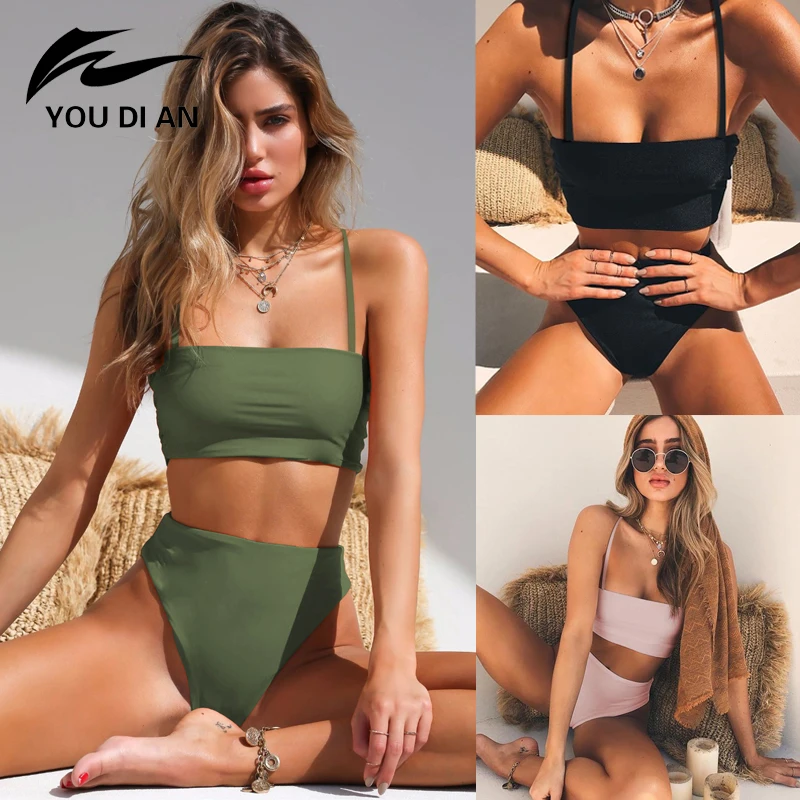2019 бикини высокая талия женский купальник сексуальный набор Одноцветный