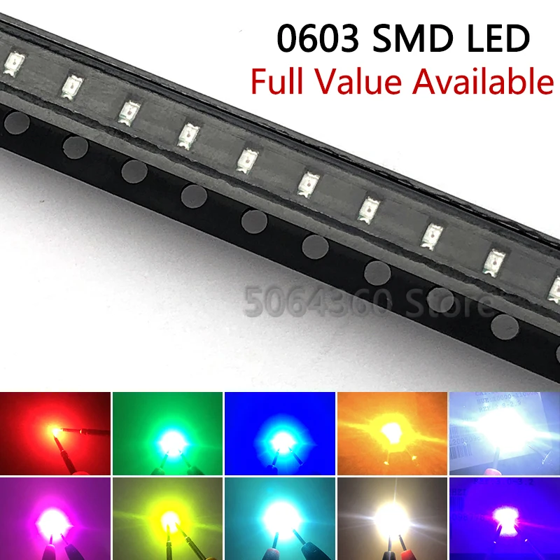100PCS 0603 LED bead SMD light emitting diode Blue Red Yellow Green Warm White purple Orange high bright quality