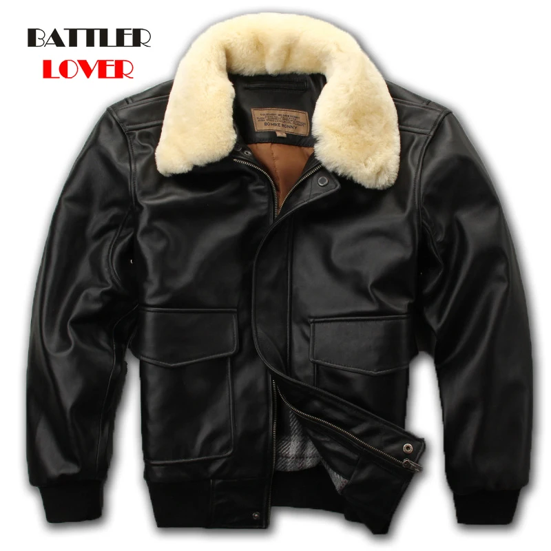 air force flight jacket wool fur collar removable genuine sheepskin leather jacket men black coat winter warm bomber jacket male