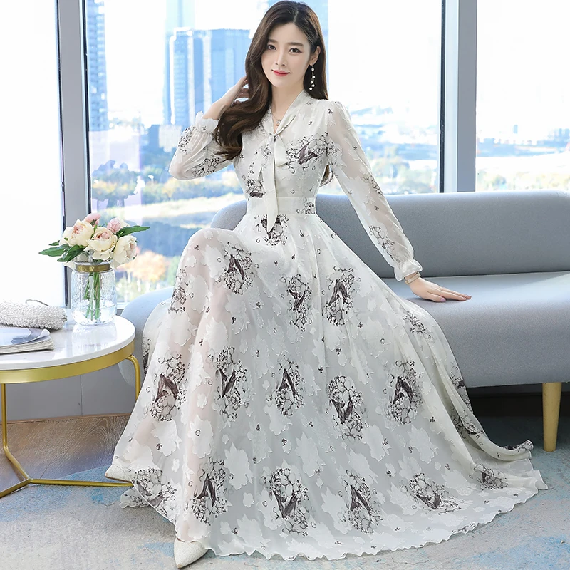 2024 new Floral Chiffon Boho Beach Maxi Dress Spring Autumn