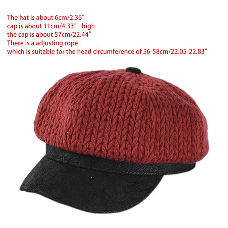Japanese Womens Winter Crotch Knit Patchwork Baseball Cap Contrast Color Classic Painter Octagonal Beanie Beret Hat with Visor