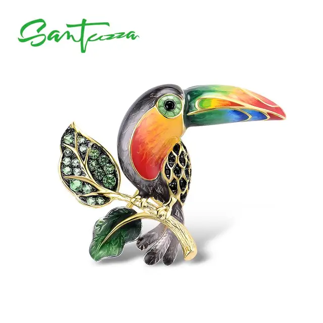 US $38.35 SANTUZZA Silver Brooch Women Sterling Silver Yellow Plated Colorful Toucan Animal