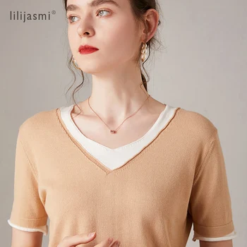 

2020 Summer Women's Double Layer V-neck 100% Cotton Knitted T-shirt Summer Tees Must Have Basic Tshirt False 2-pieces Comfy