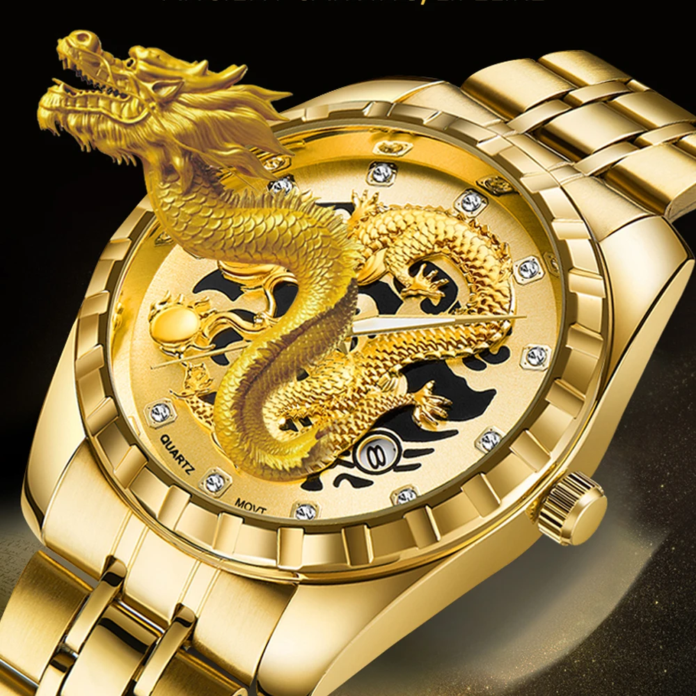 Wlisth Brand Quality Quartz Watch Exquisite 3D Carving Dragon Men Clock Diamond Dial Luminous Man Relogio Masculino | Наручные часы