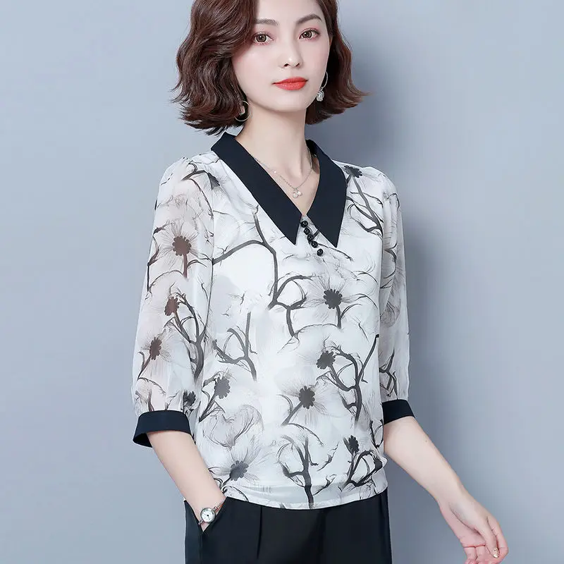 

Women Spring Summer Korean Style Casual Chiffon Blouses Shirts Lady Fashion V-Neck Print Bow Knot Tops Blusas MM0451