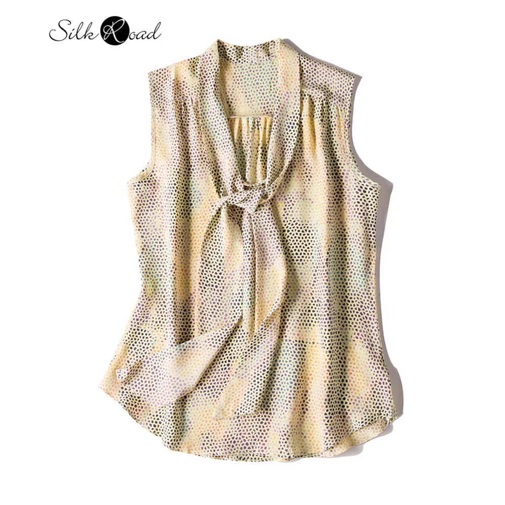 

Silviye Ribbon neck tie silk blouse loose vest women's 100% Silk sleeveless top blusas mujer de moda 2020