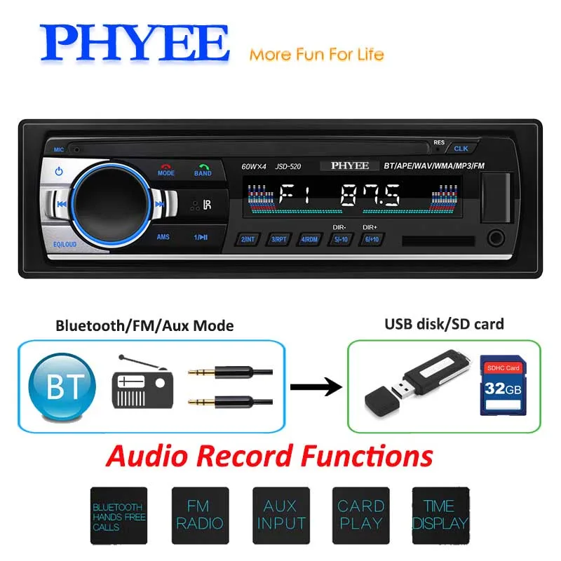 PHYEE Автомагнитола 1 Din Bluetooth Авто Стерео MP3 плеер аудио запись USB SD Aux 12 в ISO разъем в тире головное устройство JSD-520 - Цвет: 520BT