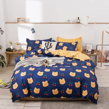 

4PCS Fashion Bedding Set White Double Bed Linens Cover Quilt Pillowcase Queen Size Sheet Flower Classic Grid for Girls Boy
