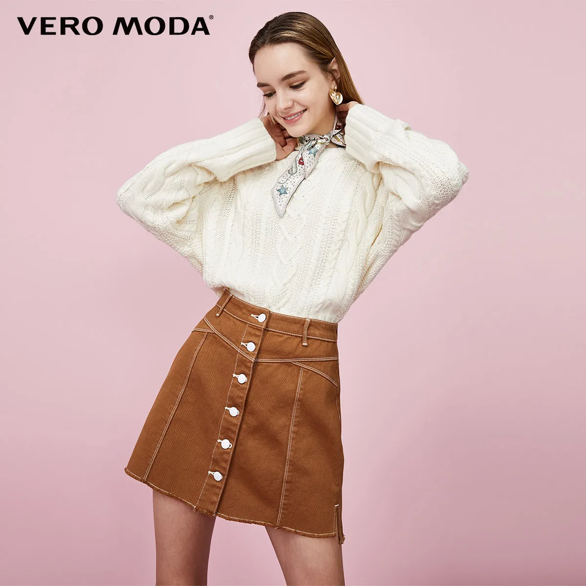 Snow white Vero Moda New Women's Loose Fit Round Neck Sheep Wool Jacquard Knit Sweater | 319313560 - Цвет: Snow white